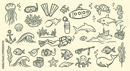 Ocean Life Underwater Adventure Collection Hand Drawn Sketch Style