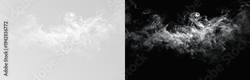 Photos Realistic white smoke trail, mystical fog clouds and steam wave isolated on white background