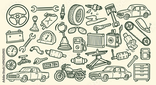 Car Parts and Vehicles Doodle Collection