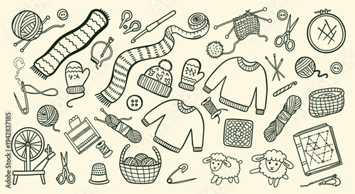 Hand Drawn Knitting and Sewing Craft Supplies Collection
