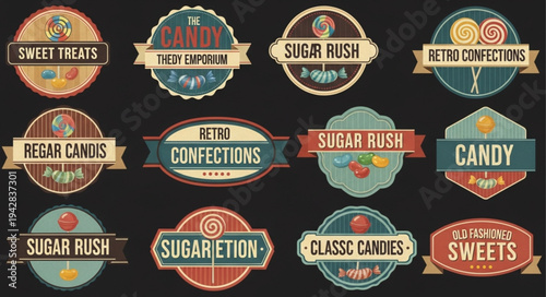 Collection of Retro Candy Labels and Badges with Sweet Treats.