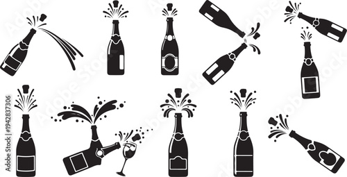 Black and white champagne bottles celebration icons set