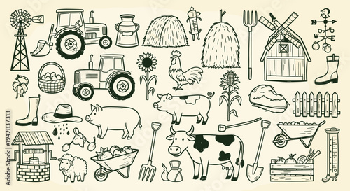 Farm life doodle collection with animals, tractor, and barn illustrations on beige background