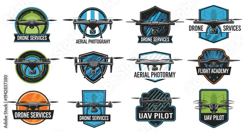 Collection of drone logos and emblems for technology companies.