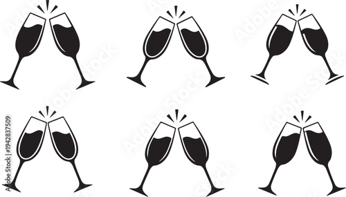 Clinking Wine Glasses Celebration Icon Set in Black and White