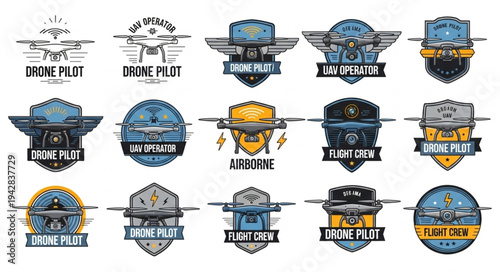 Collection of drone pilot emblems and logos.