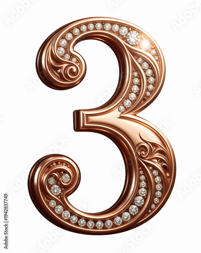 Number 3 polished rose gold with diamond accents and floral engraving on white for festive branding and jewelry design, elegant celebratory concept
