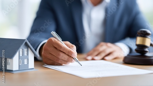 Businessman in a suit is signing a legal document with a pen on a wooden desk, a small house model and a gavel are visible in the foreground during a real estate transaction