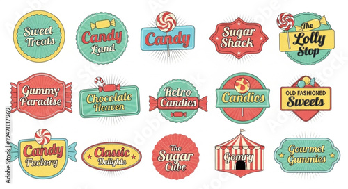 Collection of vintage candy shop signs and labels.