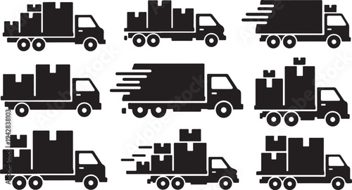 Delivery trucks transporting boxes in motion on white background