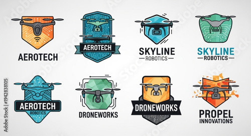 Collection of drone logos and emblems in various styles.