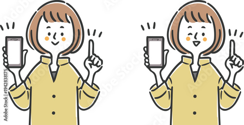 スマホを持って説明する女性のイラストセット　上半身　ベクター