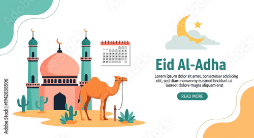 Eid Al-Adha celebration with camel in front of mosque and calendar