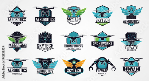 Collection of modern drone and robotics logos and emblems.