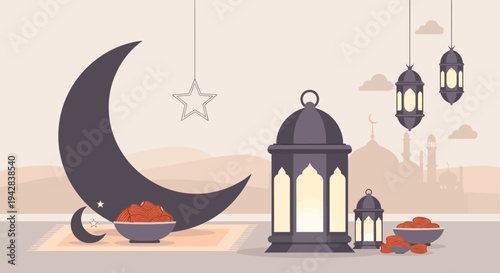 Ramadan decorations with lanterns and dates on a table indoors