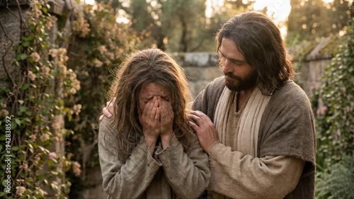 Jesus Compassionately Comforting Crying Woman In Soft Evening Garden With Hand On Her Shoulder, suited for emotional spiritual video content.