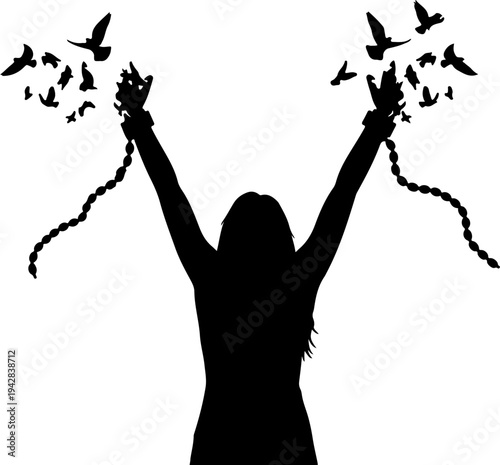 Woman releases colorful balloons and birds into clear sky freely