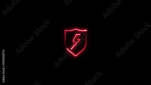 Isolated neon glowing high voltage shield on black background. Glowing neon line lightning high voltage and shield icon.