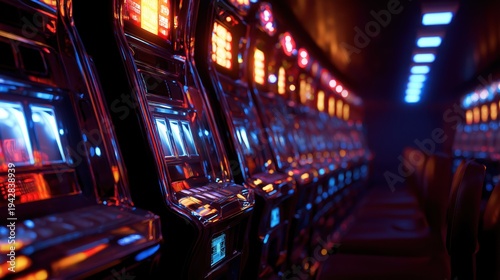 Vibrant arcade with illuminated slot machines in a gaming hall  