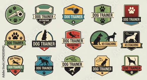 Collection of Dog Trainer Badges and Emblems.