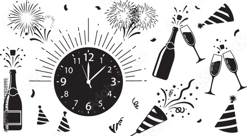 New Year's Eve Celebration with Clock and Fireworks Illustration