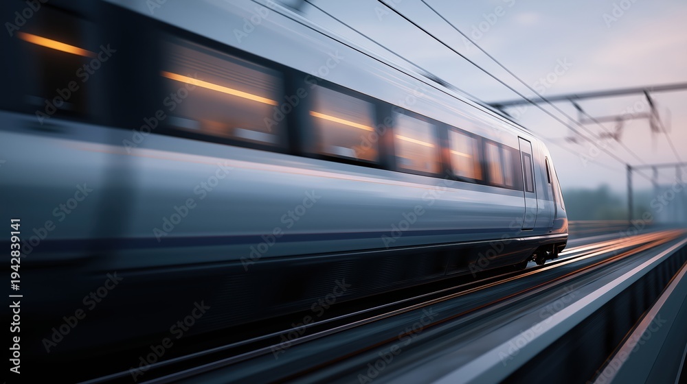 Fototapeta premium High-speed train moving swiftly along tracks during twilight 
