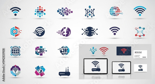 Collection of modern technology and network connection icons and logos.