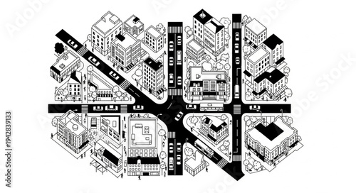 Aerial view of a busy city intersection with buildings and roads.