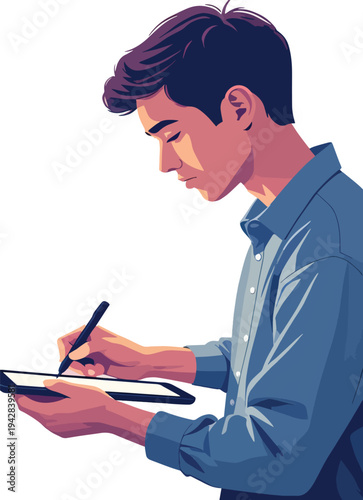 Illustrazione vettoriale di una persona che scrive o lavora su computer e tablet. Concetto di produttività, studio, lavoro digitale, tecnologia e creatività, adatto a progetti educativi, business e te