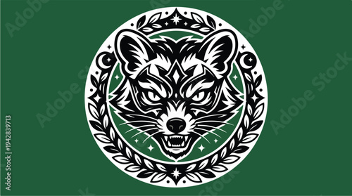 Stylized Raccoon Head Emblem with Laurel Wreath and Stars.