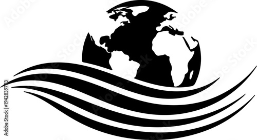 The globe is surrounded by wavy lines on a white background.