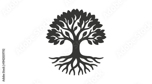 Stylized Silhouette of a Tree of Life with Intricate Roots and Branches.