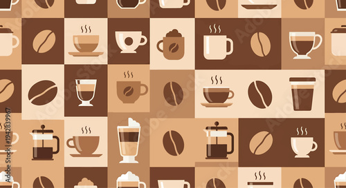 Set of coffee icons vector, brown seamless pattern