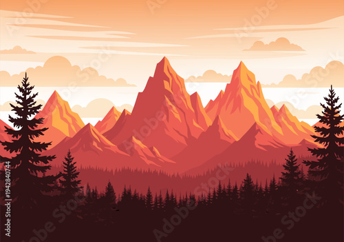 Stunning mountain landscape vector illustration featuring layered peaks and dense pine forests under a dramatic orange sky at sunset or sunrise