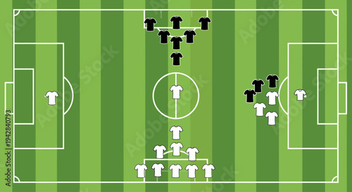 Soccer formation diagram illustrating a tactical strategy in a top-down view of a green sports field