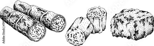 Vector engraving illustration of fresh cut sugarcane pieces, juicy sugar cane stalks slices showing fibrous sweet interior, tropical street food snack, natural raw cane sugar, exotic refreshment