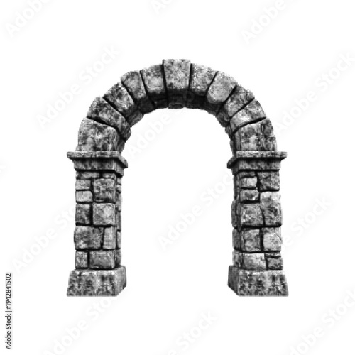 Black and white halftone illustration of an ancient stone archway. Classic architectural structure isolated on white background in vintage engraving style.