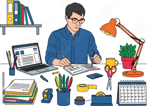 Man working diligently at his desk with office supplies.