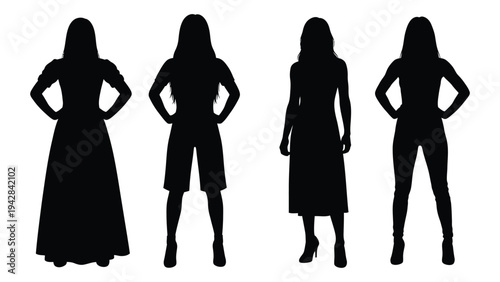 Four female silhouettes stand in a row each with hands on hips