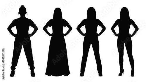 Four women in silhouette pose with hands on hips showcasing diverse outfits
