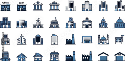 Comprehensive collection of various building icons in a flat design style, featuring diverse architectural establishments.