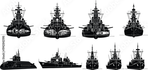 Modern, naval, warship, fleet, silhouettes, front, view, military, battleships, destroyers, submarine, vector, illustration, maritime, defense, navy, ships, collection, isolated, background