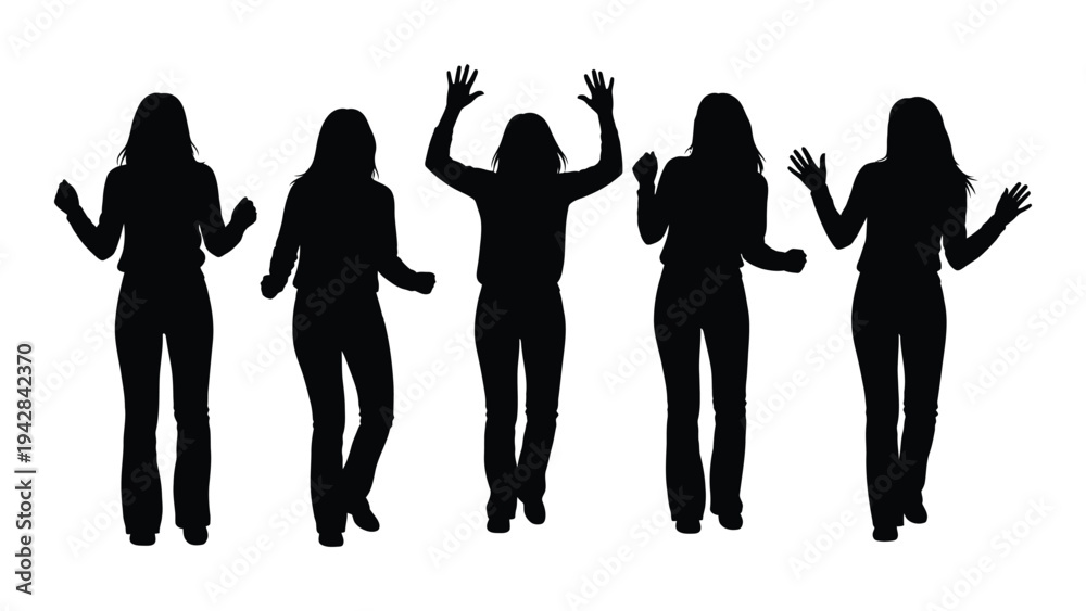 Fototapeta premium A group of five silhouetted women with arms raised in a dynamic pose