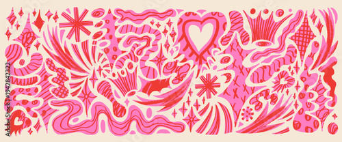 Girly pink cutout shape with paper scrapbook heart and star element for collage. Geometric naive figure with liquid crayon textured freeforms set. Crown cut twinkle shape with sparkle, paper blob set.