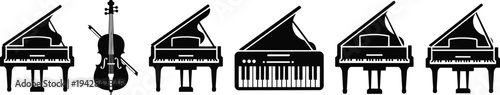 Set of black silhouette musical instrument icons featuring grand pianos, a cello with a bow, and a digital keyboard synthesizer.