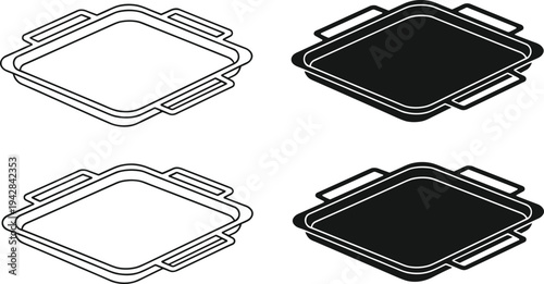 Set of baking tray vector icons featuring black silhouette and line art styles for oven pans isolated on white background.