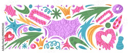 Paper cutout abstract geometric shapes with crayon texture. Background of geometry, organic freeform collage naive hand drawn doodle figures. Scrapbook vector stickers with stars, arrows, heart shape.