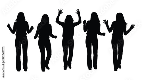 A group of five silhouetted women with arms raised in a dynamic pose