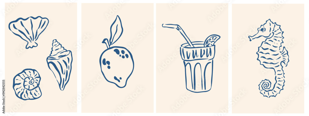 Naklejka premium Doodle summer and beach vector illustration set. Hand drawn Italian amalfi sicily style vacation elements lemon, cocktail, shell, seahorse. Chalk tropical coastal collection for poster, placard, print