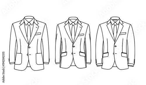 Business suits outline vector set formal blazer shirt and tie line art collection